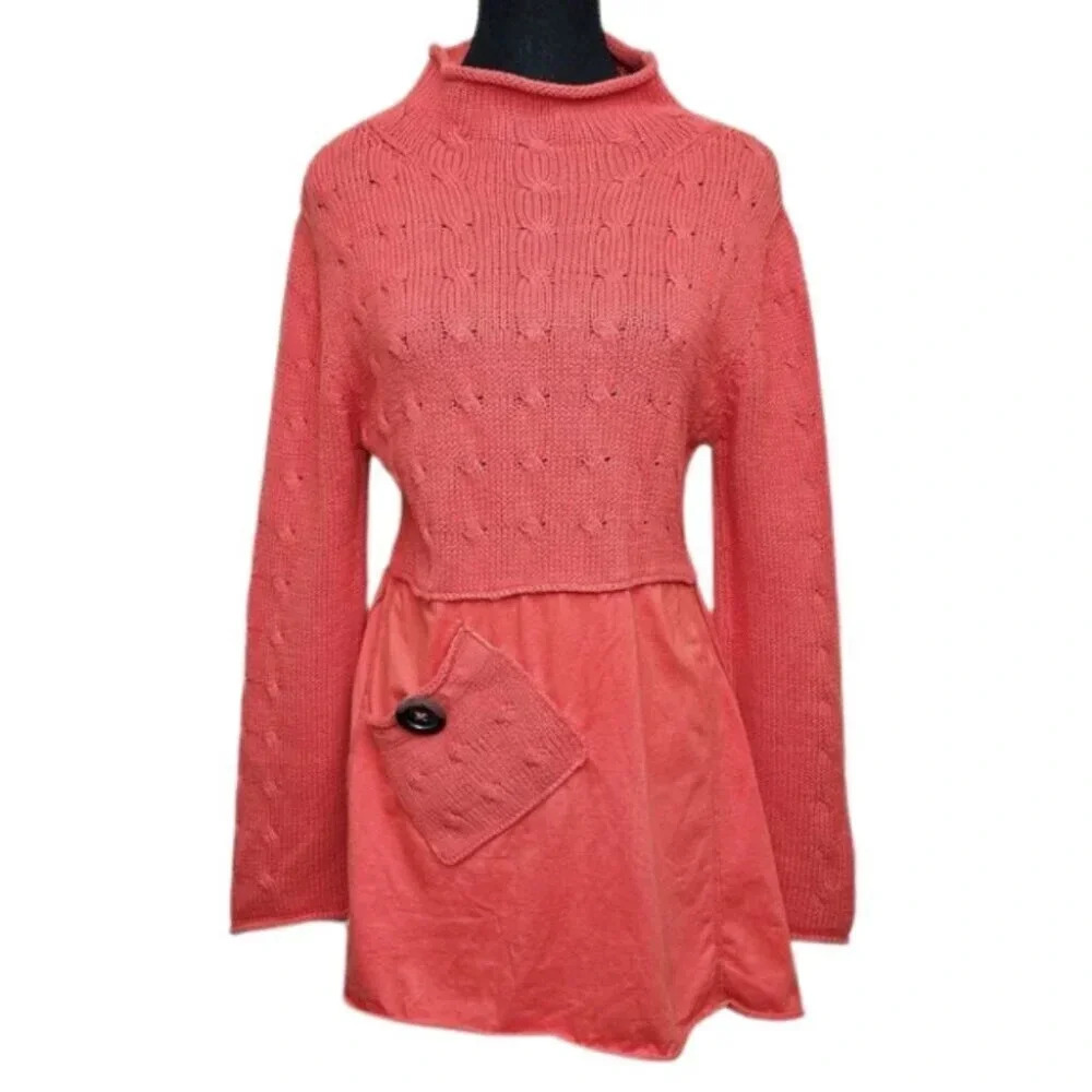 Pure Handknit Womens Size Small Mock Neck Coral  Knit Long Sleeve Tunic Sweater
